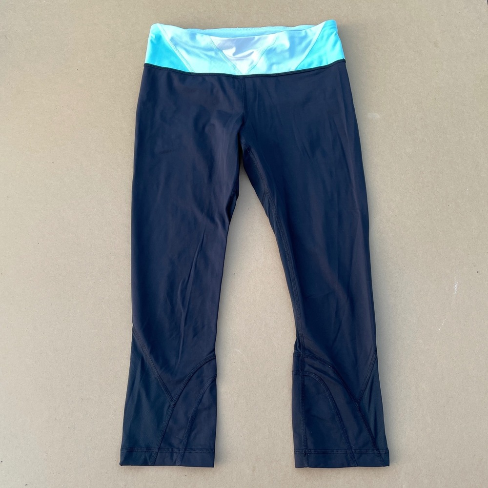Lululemon Cropped Leggings Women 6 Black Teal Yoga Running Zipped Pocket Mesh